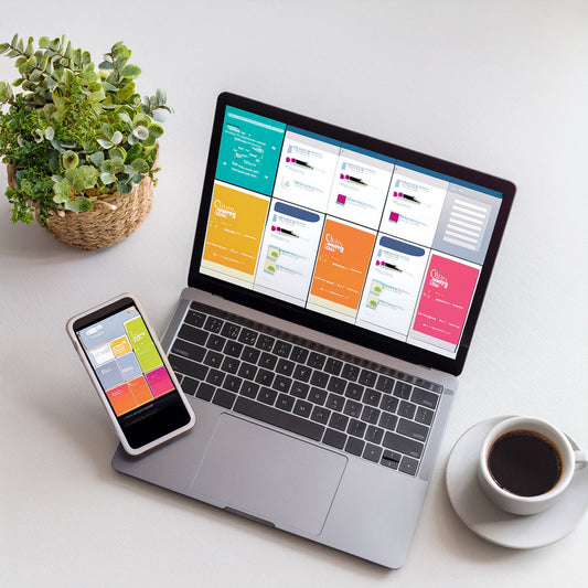 Social media Canva templates displayed on a laptop and smartphone in a clean workspace setting